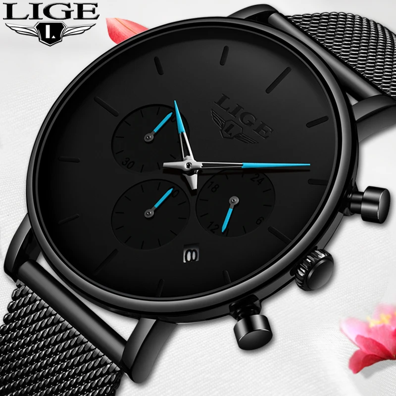 

LIGE Fashion Mens Watches Top Brand Luxury Quartz Watch Men Slim Mesh Steel Waterproof Sport Chronograph Watch Relogio Masculino