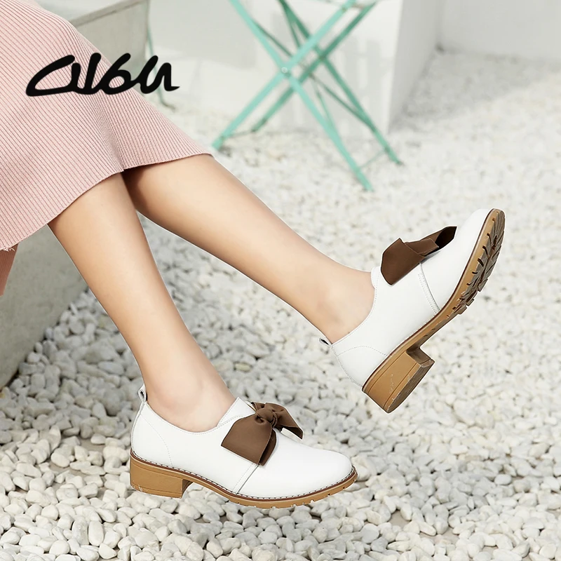 

O16U Spring Women oxfords Flats Shoes Knot Slip on Moccains Genuine Leather Ladies Shoes Black Lace up loafers flats boat shoes