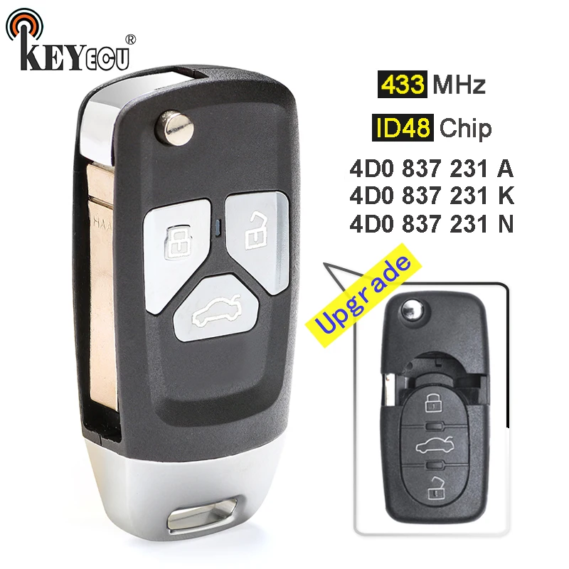 KEYECU 433 МГц ID48 P/N: 4D0 837 231 A/K/N Модернизированный флип 3 кнопки дистанционный ключ-брелок от машины для Audi A3 A4 A6 A8 B5 RS4 RS6 TT Quattro