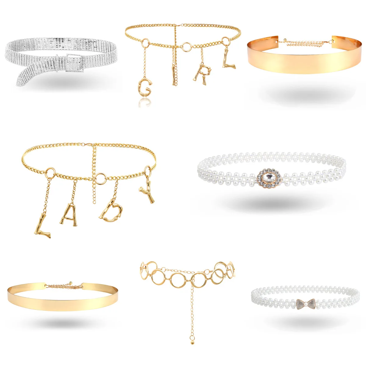 

2019 Shiny Rhinestone Inlaid Women's Belt Alloy Letter Charm Decoration Chain Waist Belt Female Pearl Waistband for Jeans Dress