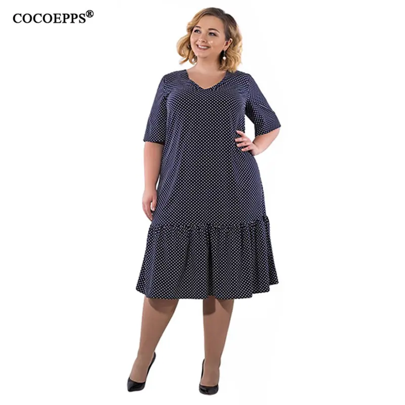 COCOEPPS модные Лоскутные женские платья большого размера нового размера плюс v-образный вырез летнее платье в горошек синий 6XL Vestidos