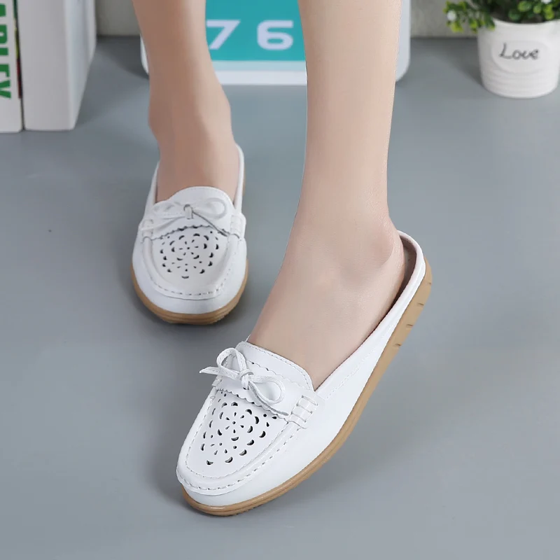 Women Shoes Summer Genuine Leather Flats Hollow Slip On Leather Loafers Korean Style Soft Moccasins Half Slippers Size 43