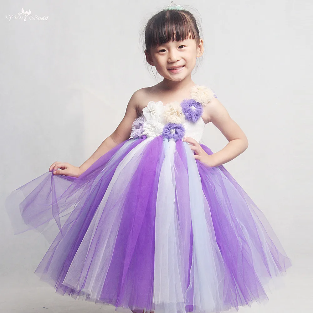 

FG61 Real Pictures Yiaibridal One Shoulder Flowers Purple Flower Girl Dresses