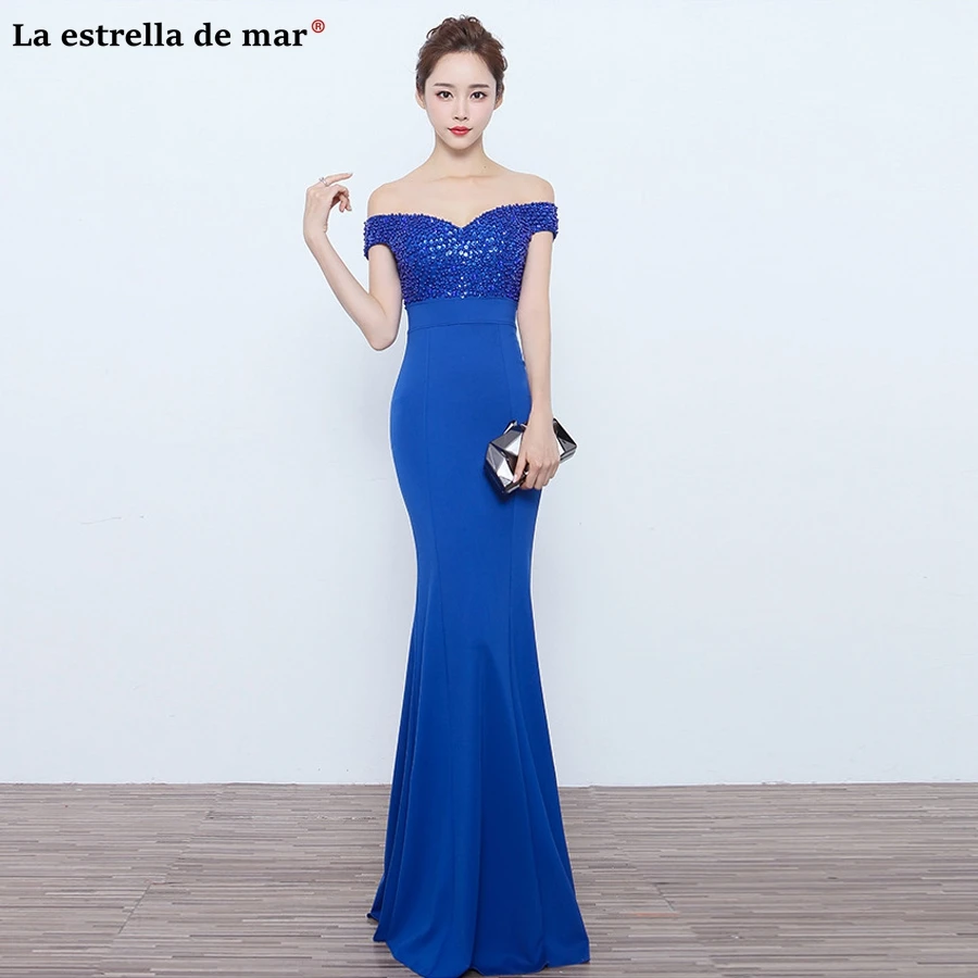 

vestidos para madrinhas de casamento 2019 new satin beaded Boat Neck short sleeve royal blue sexy mermaid bridesmaid dresses