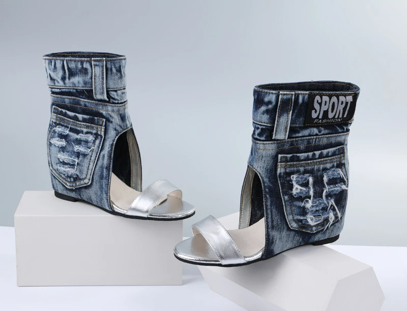 

2018 New Arrival Woman Denim Height Increasing Sandals Vintage Wedding Party Dress Shoes Patchwork Ankle Warp Summer Sandals