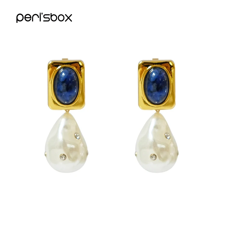 

Peri'sBox Natural Lapis Lazuli Freshwater Pearls Earrings for Women Baroque Water Drop Earrings Minimalist Raw Earrings Bijoux