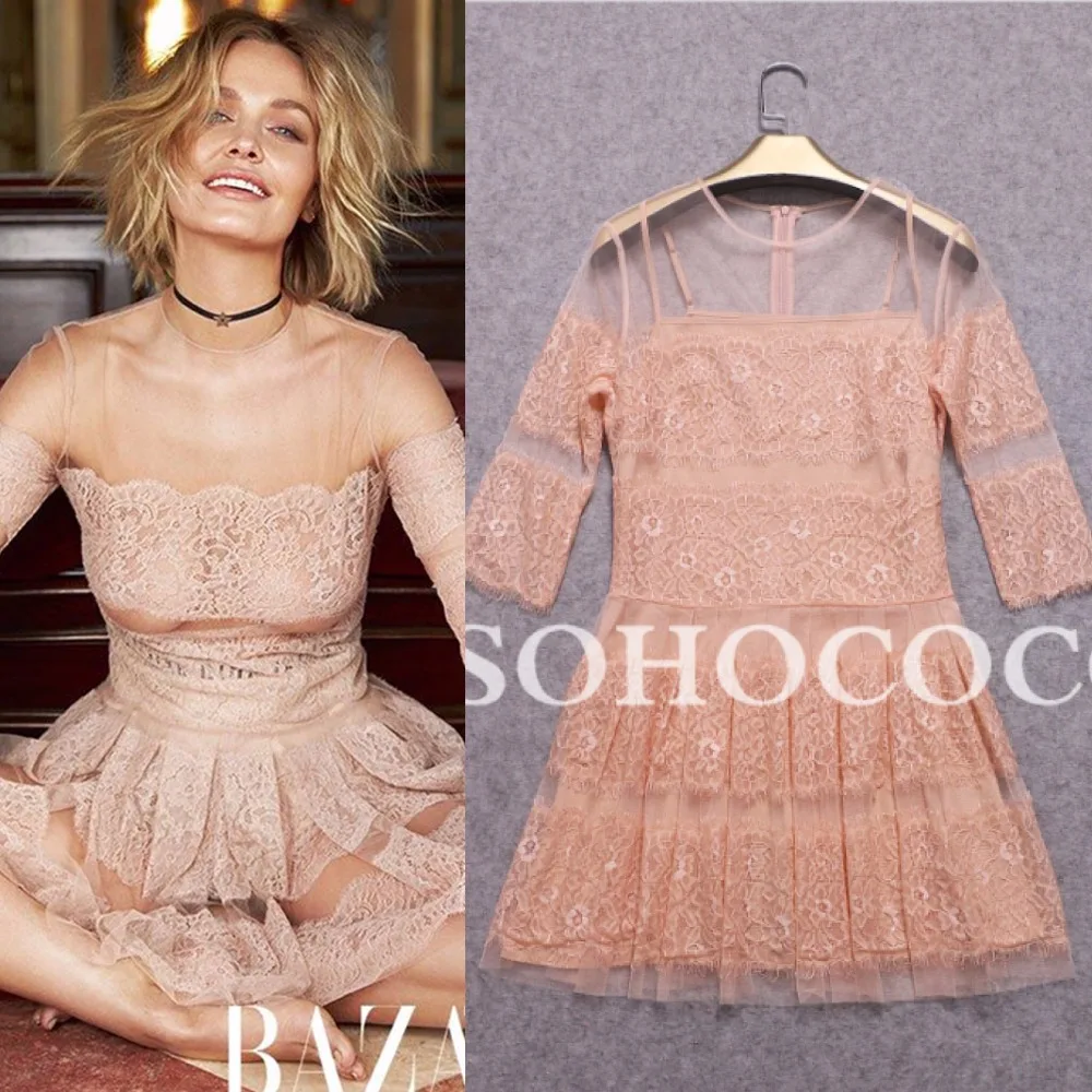

New Arrival 2017 Autumn Transparent Dress Women Fashion Patchwork Empire Lace Dress Cute Girls Mini Bubble Dress