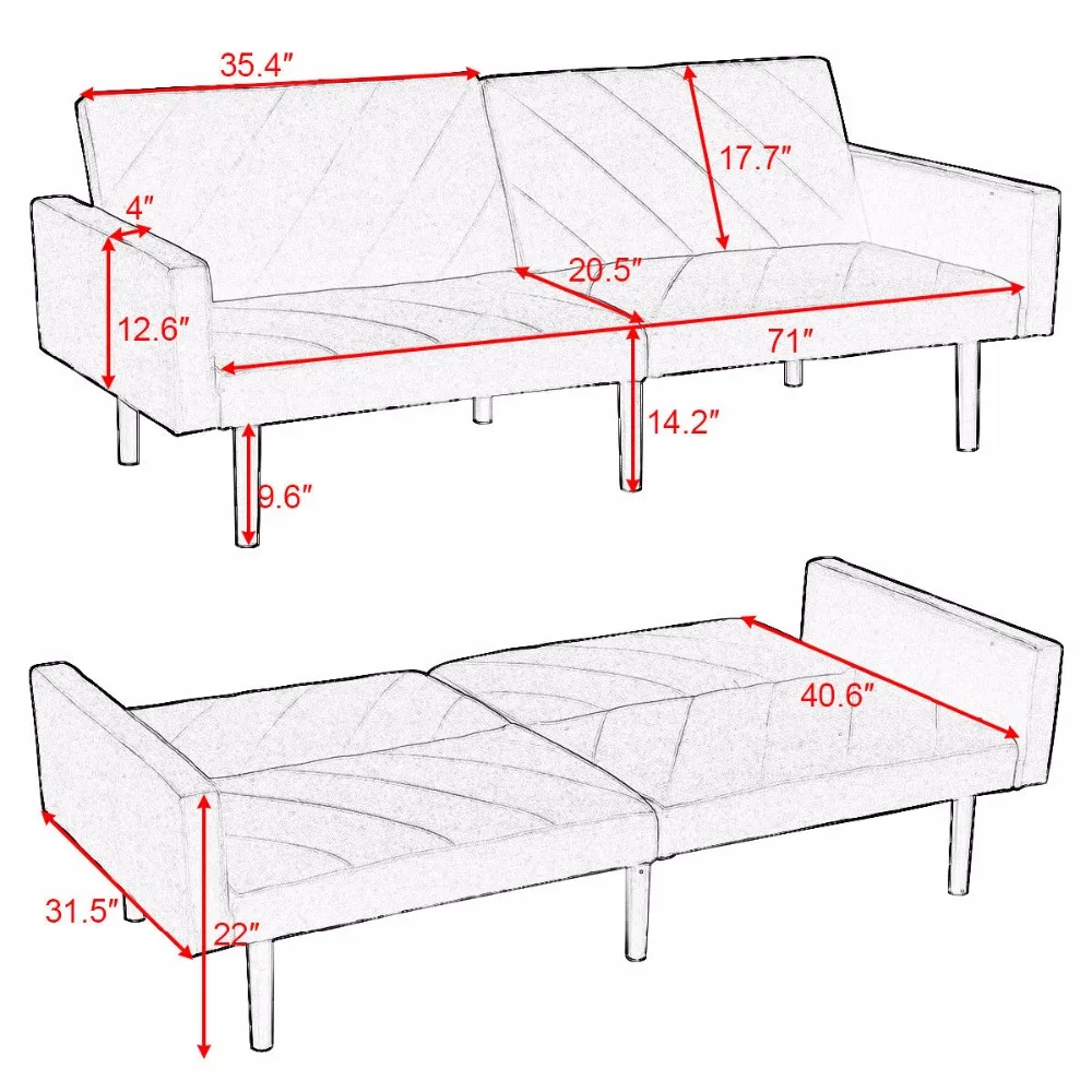 Giantex Futon Sofa Bed Convertible Recliner Couch Splitback Sleeper with Wood Legs Modern Living Room Furniture HW57254