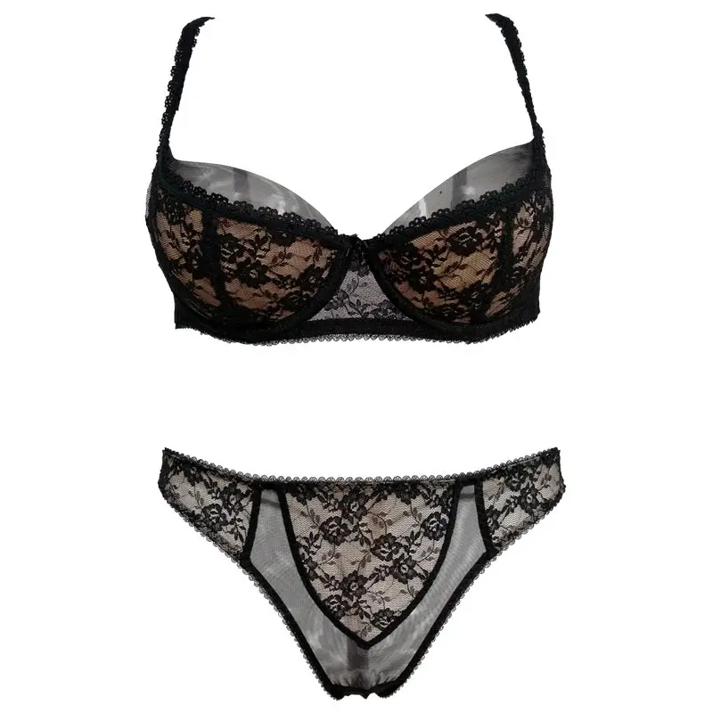 

Skin Black Floral Lace Bowk Gauze Sexy Bra Thong 2pcs Set for Female Women Vintage Lingerie 3pcs set Garter Belts for stockings