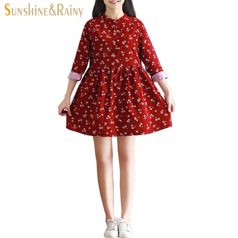 2017 Japanese korean style long sleeved autumn fall all match fashion small flowers print floral fashion corduroy woman dress 2017 Japanese korean style long sleeved autumn fall all match fashion small flowers print floral fashion corduroy woman dress