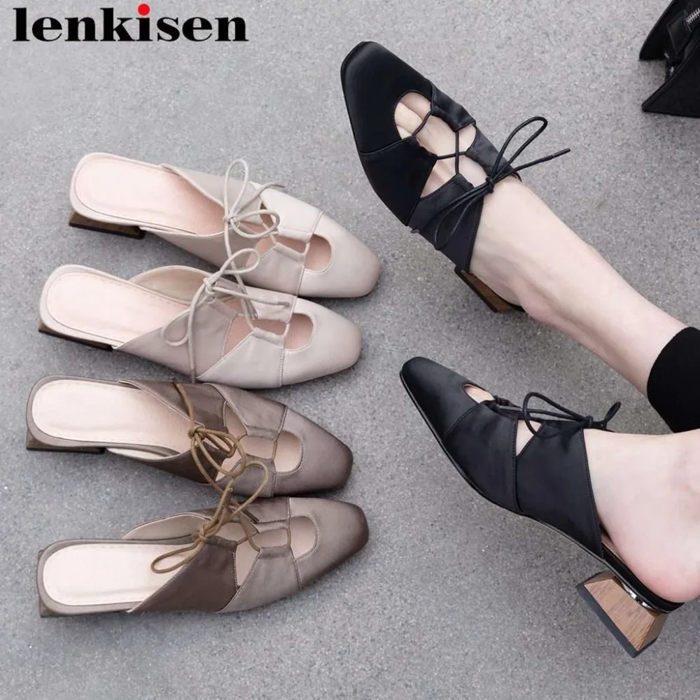 

Lenkisen concise princess style chunky heels natural leather vintage square toe women pumps bowtie dating party ladies mules L03