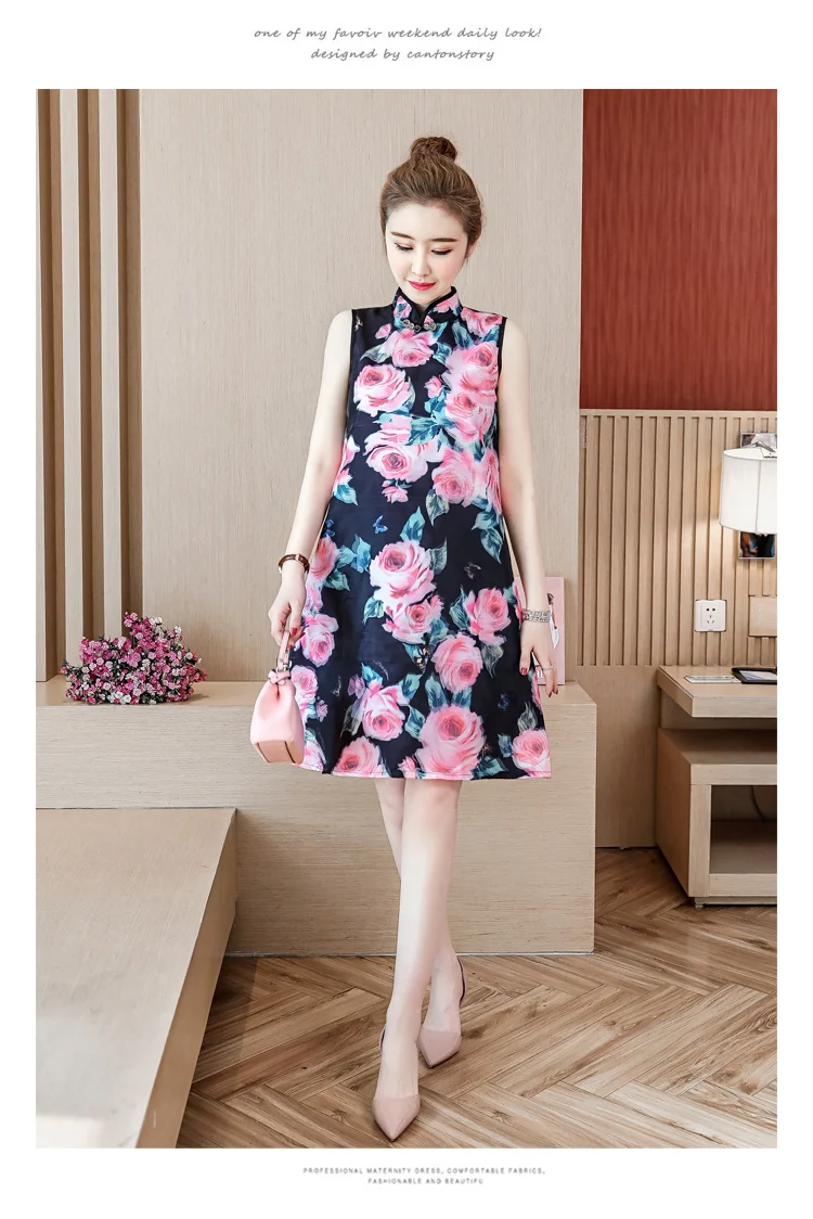 2019 летнее Повседневное платье cheongsam без рукавов женское винтажное платье с цветочным принтом в китайском стиле элегантные платья высокого