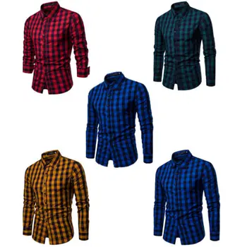 

2019 New Men's Button Down Slim Fit Long Sleeved Business Plaid Shirts Tops Modern S-2XL 4 Colors