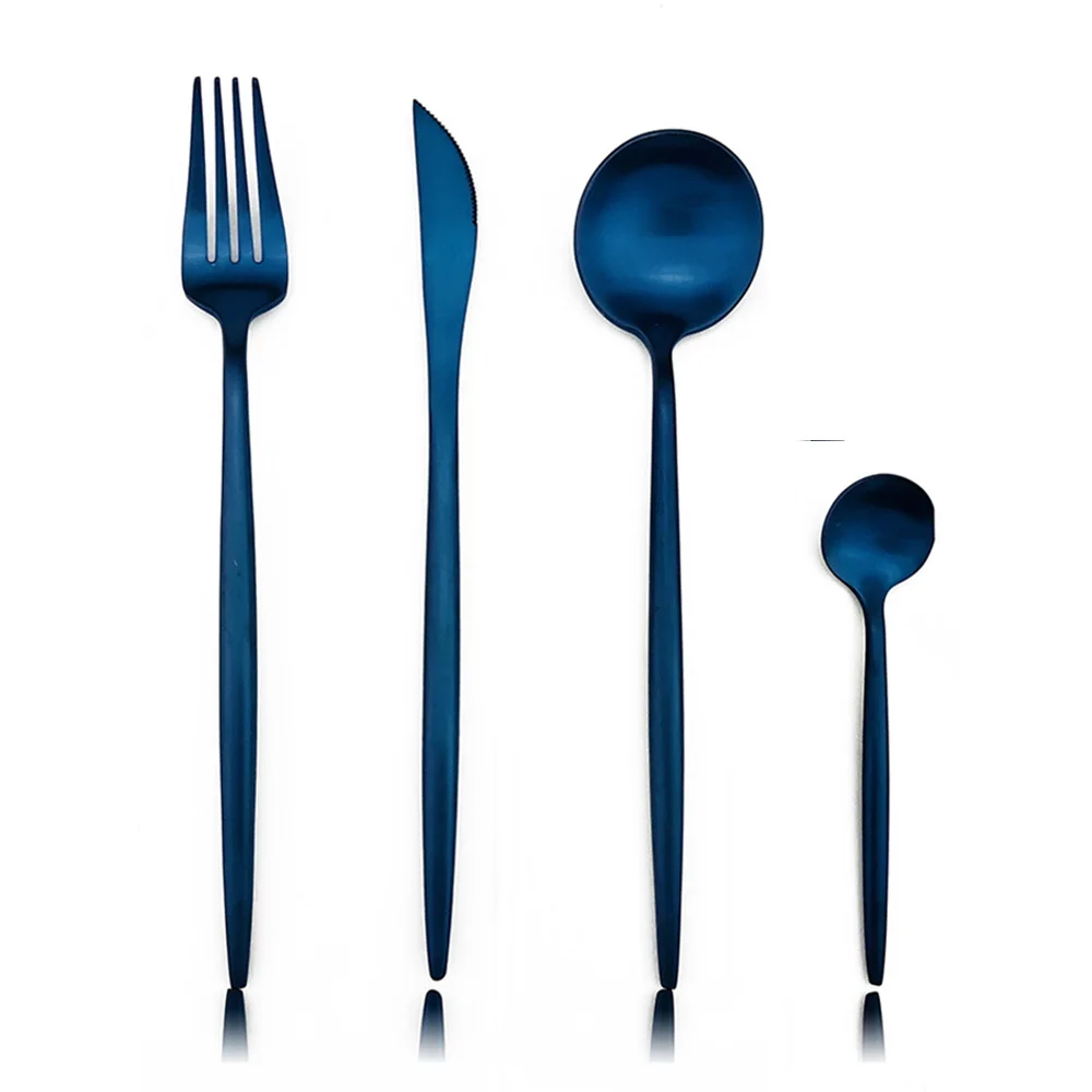 

32pcs/8set Wholesale Colorful Matte Blue Dinnerware Cutlery Set Black Forks Knives Stainless Steel Rainbow Tableware Dinner Set