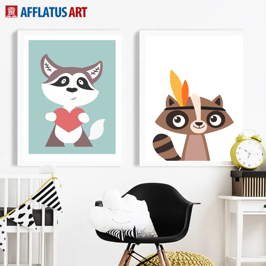 

Raccoon Nordic Posters And Prints Wall Art Canvas Painting Cartoon Wall Pictures For Kids Room Bedroom Pop Art Print Home Decor