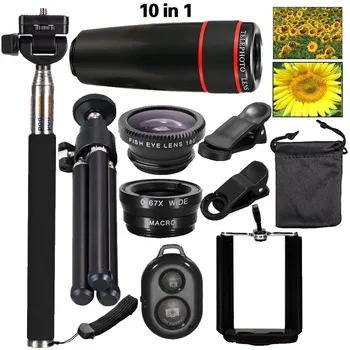 

2019 New 10in1 Lens Kit 8x Telescope Lens for iPhone 6 6s 8Plus Wide Angle Fisheye Lenses for Xiaomi Mi 8 Lite With Selfie Stick