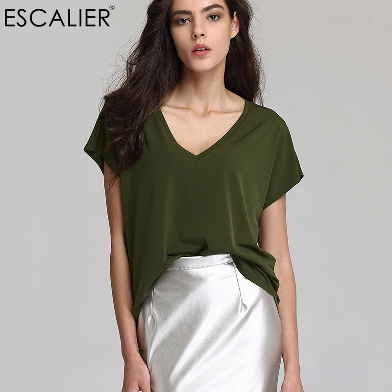

Escalier 2017 Summer Women Basic Regular Loose T-Shirts V-Neck Solid Short Polyester Broadcloth Casual S-3XL 3 Color Soft Shirts