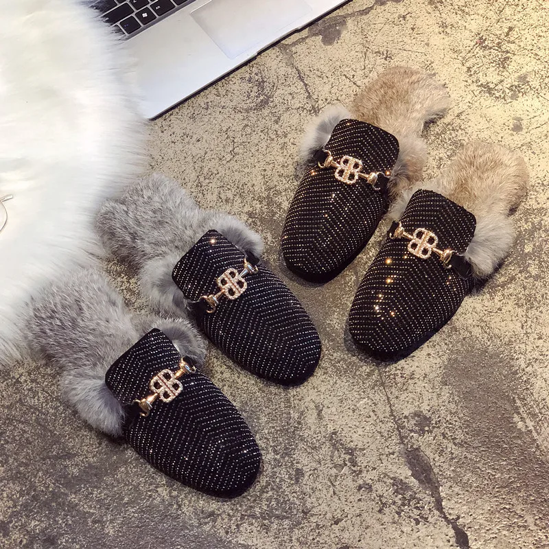 Marca 2018 Металл Bling cadena punta redonda из флока на меху zapatillas mujer слипоны Мокасины мулас chanclas