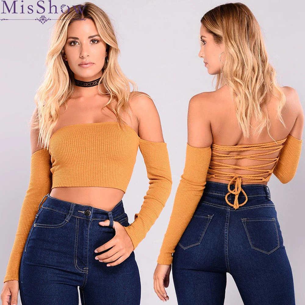 

Sexy Lace Up Off the Shoulder Long Sleeves Sweater 2019 New Fashion Women Short Cotton Pullover Black Yellow Short Sweaters