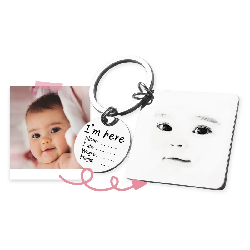 

MYLONGINGCHARM Newborn Baby Photo Customize Keychain Personality Engraved Baby Birth Keychain 40x40mm and 25mm G0000