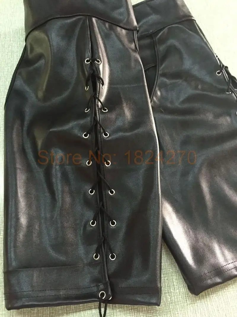 Black Faux Leather Mooning Shorts Male Sexy Lingerie Catsuit Clubwear Men Hot Erotic Fetish Wear Bandage Pants XL XXL Plus Size
