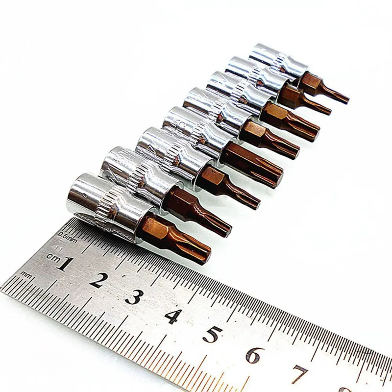 8 Piece Torx Набор гнезд 1/4 дюйма Квадратный привод адаптер T8 T10 T15 T20 T25 T27 T30 T40 S2 сталь (8
