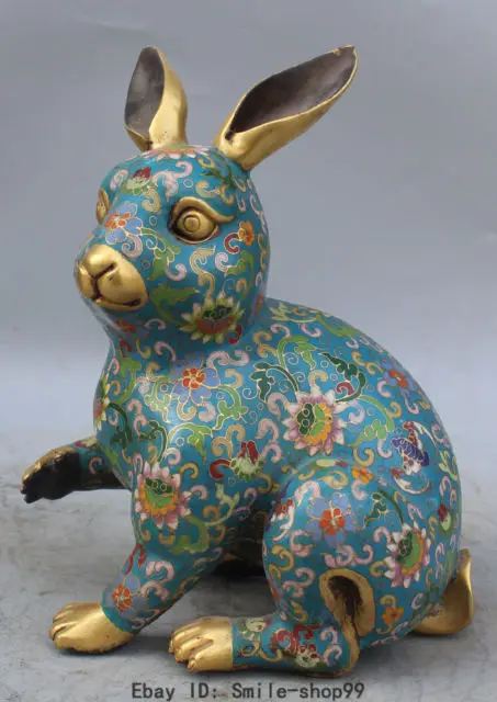 

10" Marked Chinese Cloisonne Enamel 24K Gold-plated Animal Rebbit Hare Cony Sculpture Marked Enamel Decoration 100% Brass Bronze
