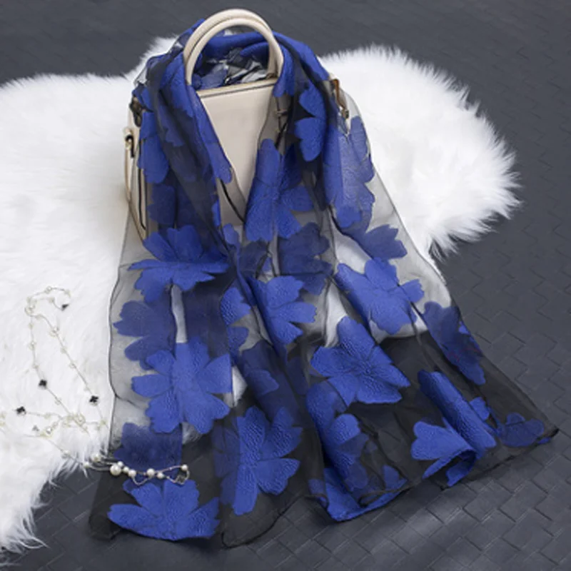 

Trendy Flower Scarf Women Floral Design Silk Scarf Autumn Summer Lightweight Sheer Wrap Organza Gauze Scarf Sunscreen Shawl
