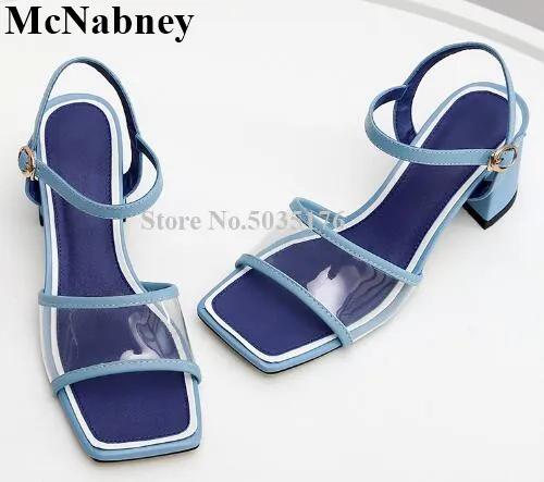 

2019 Summer New One-Line Buckle With Transparent Film Ladies Sandals Peep Toe Thick With Sweet Temperament Simple Women Shoes