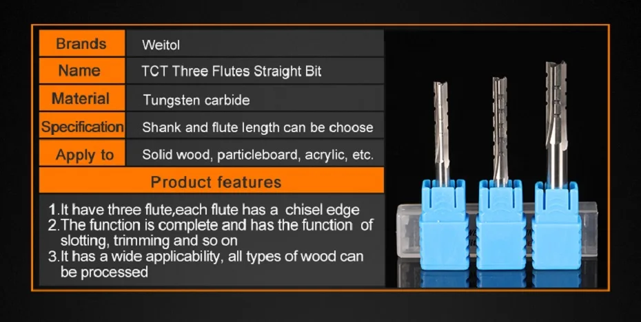 WeiTol TCT три флейты прямой бит 6 мм торцевая фреза резьба по дереву инструменты фрезы для контурной обработки твердой древесины