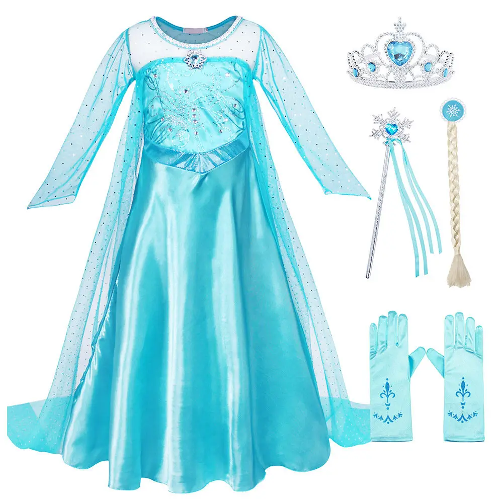 AmzBarley/костюм Эльзы для девочек; шелковое кружевное платье Снежной королевы с длинными рукавами; вечерние костюмы для костюмированной вечеринки на Хэллоуин; комплект одежды для дня рождения - Цвет: With Accessories