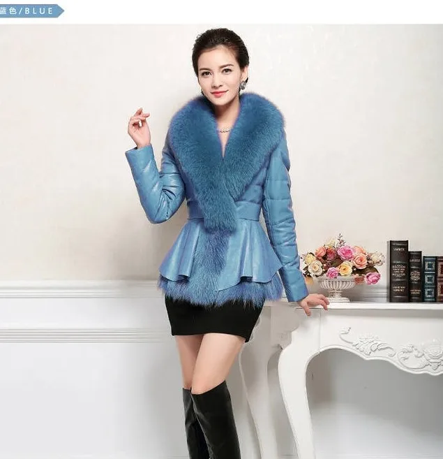 2014 New Leather grass sheep leather oversized fox fur collar down jacket women short paragraph Korean version of Slim Jacket | Женская