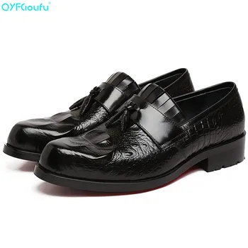 

QYFCIOUFU New High Quality Genuine Leather Men Shoes Lace-Up Crocodile Pattern Business Dress Men Tassel Oxfords Formal Shoes