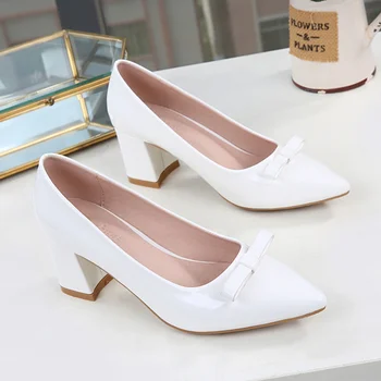 

Patent leather shoes 2019 spring pointed thick with high heel women shoes