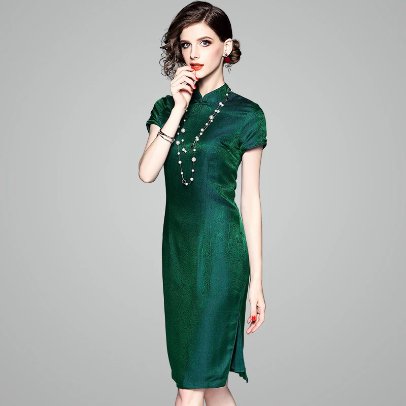 

Chinese Mulberry silk Dress Green Summer Dresses short sleeve modern cheongsam Elegant Wear for women