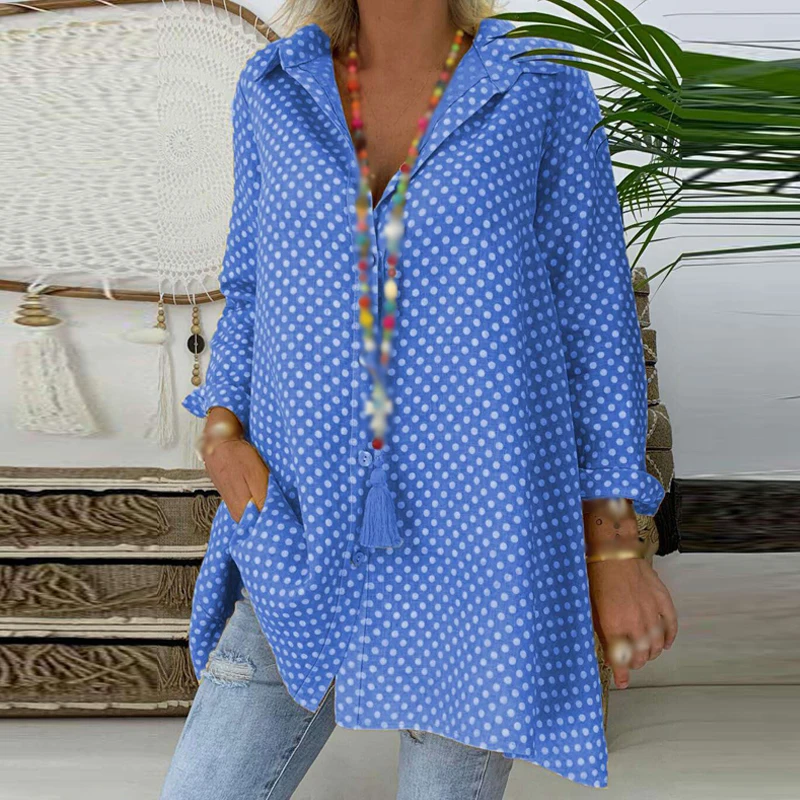 Summer Holiday Blouse Women's Clothes Casual Loose Polka Dots Print Long Sleeve Sunscreen Weekend Shirt Tops |