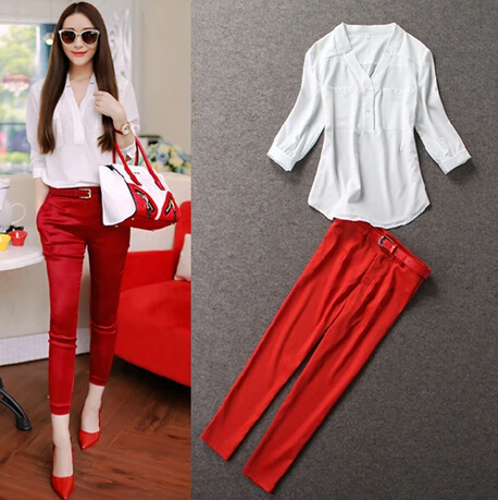 

Brief Summer Fashion OL Twinset Solid White Tops Red Butt-lifting Ankle -length Red Capris Suit V-neck Pencil Pants Slim Set