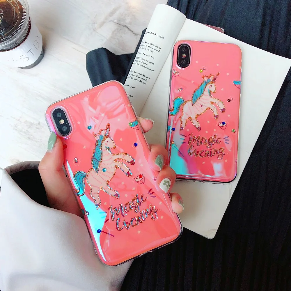 

Glitter Rhinestone Unicorn Pattern Phone Case For iPhone X XS MAX 7 8 6S Soft Silicone Back Cover For iPhone XR XS 6 8 Plus Etui