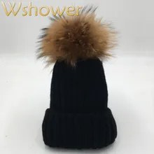 [What in shower] Женская вязаная зимняя шапка бини с помпоном из натурального меха енота женская розовая красная серая белая черная меховая шапка