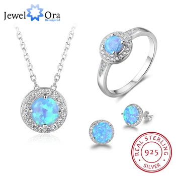 

Round Opal Stone Jewelry Sets 925 Sterling Silver Stud Earrging Ring Necklace Party Jewelry Gift For Women (JewelOra JS100611)