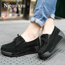 Ngouxm/женские замшевые лоферы; обувь на плоской подошве; женская обувь из натуральной кожи на платформе без застежки; модная повседневная женская обувь черного цвета на платформе
