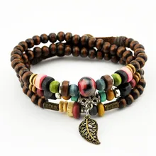 Handmade Weave Leather Leaf Adjustable Wooden Beads Men Bracelets Jewelry Bijouterie For Women B22