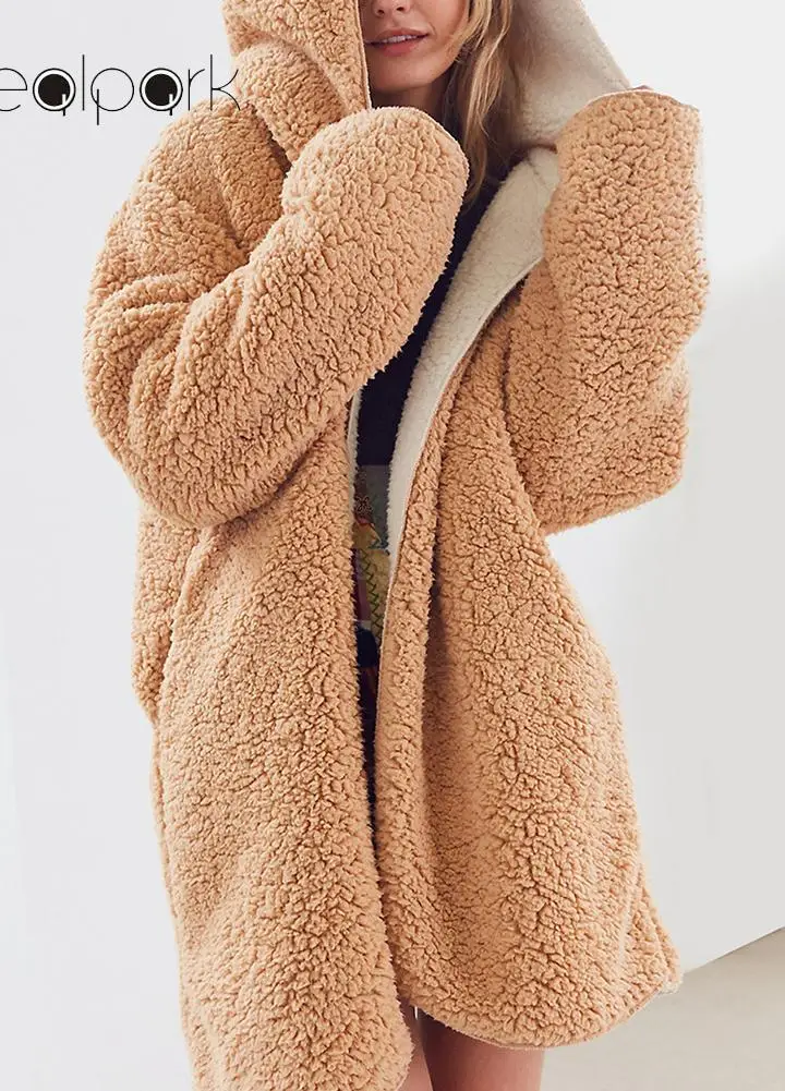 

Women Warm Soft Fleece Plush Coat Hoodies Overcoat 2019 Autumn Winter Outerwear Both Sides Wear Fur Jacket Wool Long Thick Coat