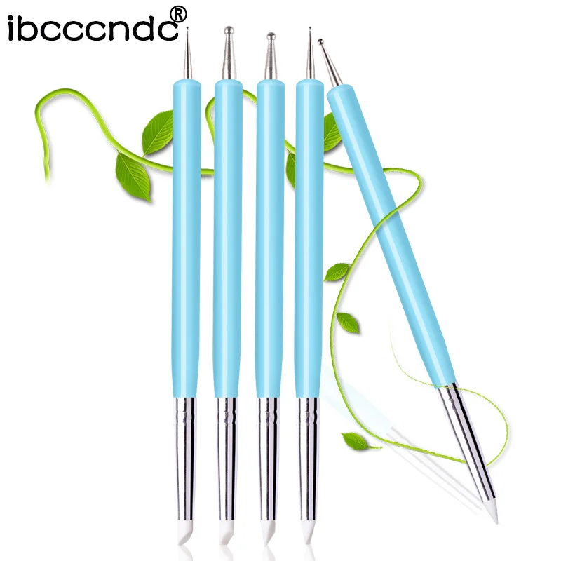 

5pcs/set 2 Ways Silicone Nail Sculpture Pen Set Acrylic Liquid Powder 3D Image Carving DIY Brush Rhinestone Beads Dotting Pick