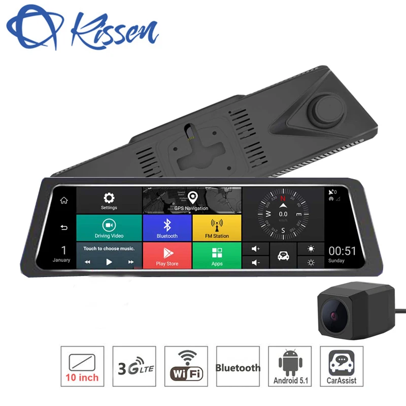 

Kissen 10 Inch 3G Android 5.1 Car DVR Touch Dash Cam Rearview Mirror Dash Camera Dual Lens GPS Navigation Wifi Bluetooth Radar