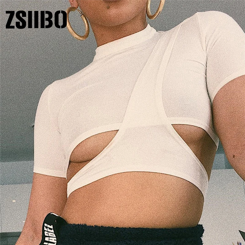 

PUNK new sexy solid color black white O-neck short-sleeved women's striped hollow short casual cropped shirt
