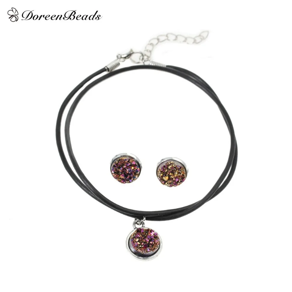 

DoreenBeads Handmade Antique silver color Drusy Resin Cabochon Pendant Necklace silver color Earrings 48cm 16x14mm 1Set