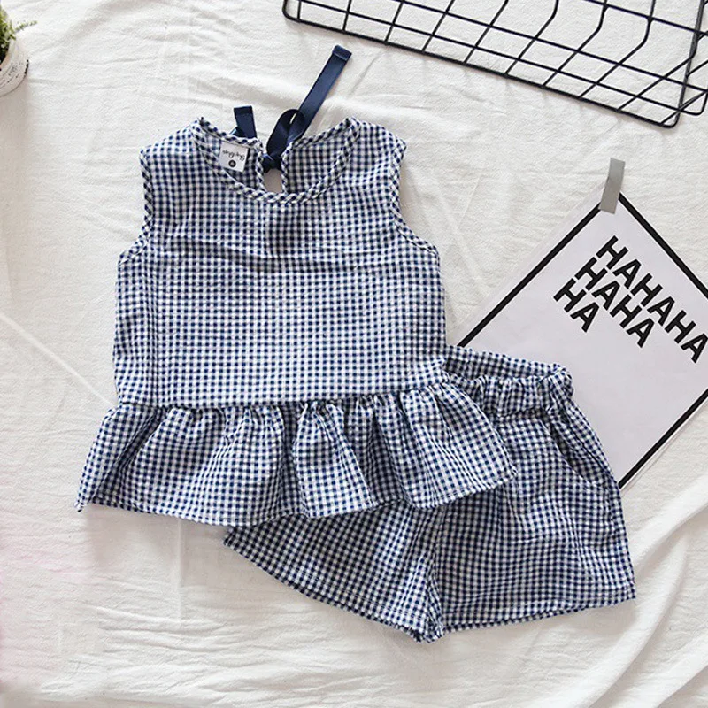 Girls Clothing Sets 2019 New Style Summer Children Clothes Cute Plaid Lace + White Bow Short Pants 2pc Kids Clothes Sets