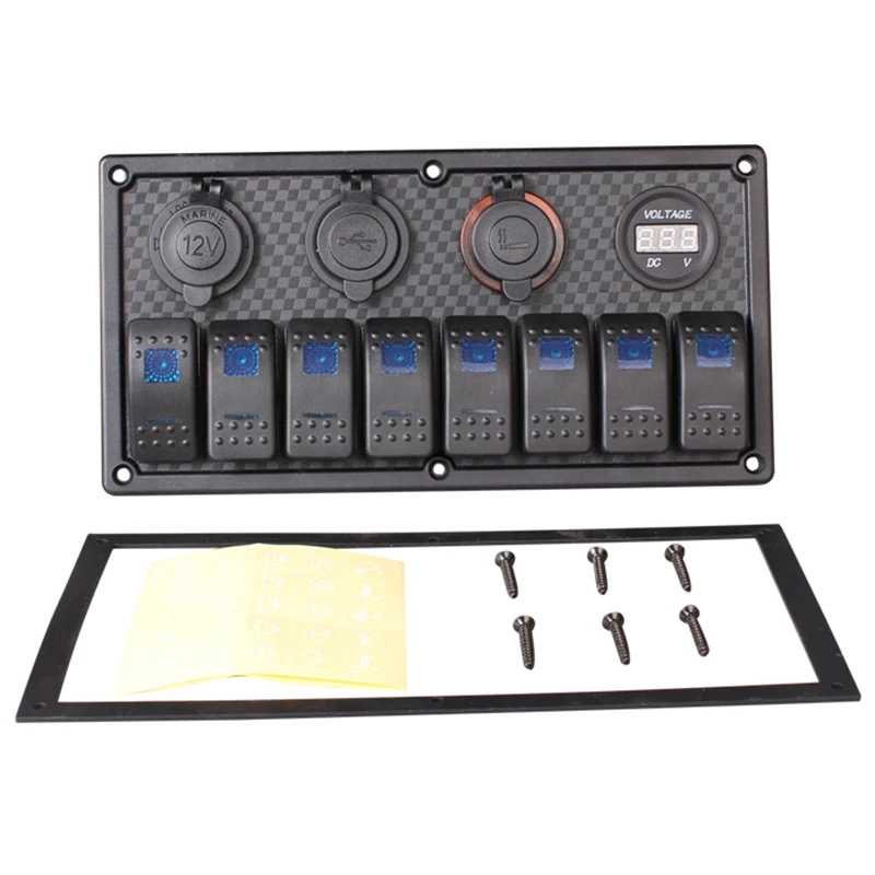 JX-LCLYL 8 Gang Rocker Switch Voltmeter Dual USB Power Socket Panel for Car Marine Boat