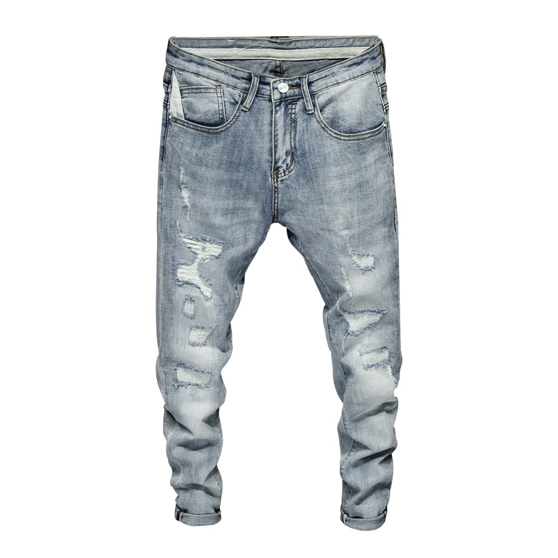 

Light Blue Holes Fashion Jeans Top Quality Pleated Patchwork Hole Ripped Motorcycle Casual Slim Hip Hop Denim Jeans AS1101